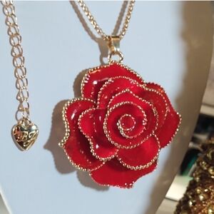 Betsey Johnson Vibrant Red Rose Necklace with Gold Highlights